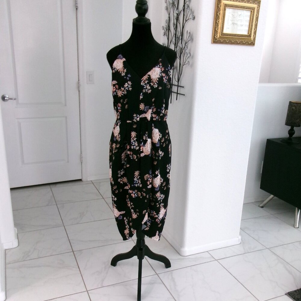 New Chelsea 28 Black Brocade Blossom Spaghetti Strap Below Knee Dress M NWT Midi